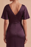 Plum Sheath Cowl Neck Ruched Satin Maxi Wedding Guest Dress with Side Slit
