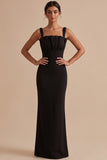 Black Square Neck Ruched Sheath Maxi Wedding Guest Dress