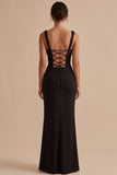 Black Square Neck Ruched Sheath Maxi Wedding Guest Dress