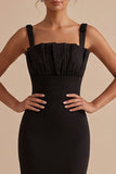 Black Square Neck Ruched Sheath Maxi Wedding Guest Dress