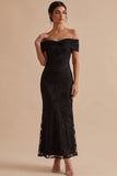 Black Off the Shoulder Embroidered Sheath Maxi Wedding Guest Dress