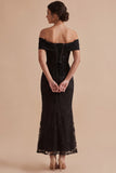 Black Off the Shoulder Embroidered Sheath Maxi Wedding Guest Dress