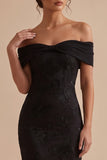 Black Off the Shoulder Embroidered Sheath Maxi Wedding Guest Dress