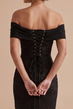 Black Off the Shoulder Embroidered Sheath Maxi Wedding Guest Dress