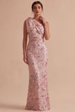 Pink One Shoulder Sequins Embroidered Sheath Maxi Wedding Guest Dress with Bow