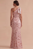 Pink One Shoulder Sequins Embroidered Sheath Maxi Wedding Guest Dress with Bow