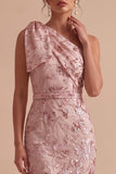 Pink One Shoulder Sequins Embroidered Sheath Maxi Wedding Guest Dress with Bow