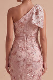Pink One Shoulder Sequins Embroidered Sheath Maxi Wedding Guest Dress with Bow