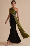 Black and Olive One Shoulder Mermaid Maxi Wedding Guest Dress with Bow
