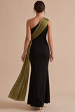Black and Olive One Shoulder Mermaid Maxi Wedding Guest Dress with Bow