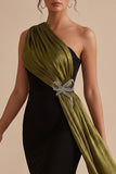 Black and Olive One Shoulder Mermaid Maxi Wedding Guest Dress with Bow