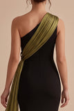 Black and Olive One Shoulder Mermaid Maxi Wedding Guest Dress with Bow