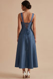 Twilight Square Neck A-Line Midi Wedding Guest Dress with Bow