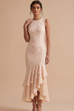 Champagne Mermaid Embroidery High-Low Round Neck Wedding Guest Dress with Tiered Ruffle