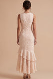 Champagne Mermaid Embroidery High-Low Round Neck Wedding Guest Dress with Tiered Ruffle