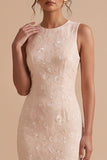 Champagne Mermaid Embroidery High-Low Round Neck Wedding Guest Dress with Tiered Ruffle