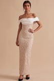 White and Pink Off the Shoulder Floral Embroidery Sheath Maxi Wedding Guest Dress