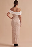 White and Pink Off the Shoulder Floral Embroidery Sheath Maxi Wedding Guest Dress