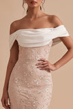 White and Pink Off the Shoulder Floral Embroidery Sheath Maxi Wedding Guest Dress