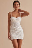 White Corset Bodycon Ruched Cowl Neck Spaghetti Strapes Short Little White Dress