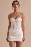 White Corset Satin Bodycon Spaghetti Straps Short Little White Dress with 3D Flower