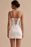 White Corset Satin Bodycon Spaghetti Straps Short Little White Dress with 3D Flower