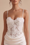 White Corset Satin Bodycon Spaghetti Straps Short Little White Dress with 3D Flower