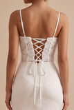 White Corset Satin Bodycon Spaghetti Straps Short Little White Dress with 3D Flower