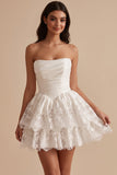 White Ruched Tiered Lace Basque Waist Satin Strapless Short Little White Dress