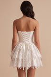 White Ruched Tiered Lace Basque Waist Satin Strapless Short Little White Dress