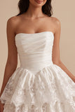White Ruched Tiered Lace Basque Waist Satin Strapless Short Little White Dress