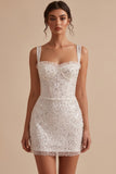 White Square Neck Corset Bodycon Short Little White Dress with Sequins