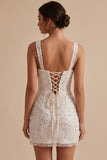 White Square Neck Corset Bodycon Short Little White Dress with Sequins