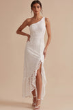 White Sheath Lace Ruffle One Shoulder Midi Little White Dress with Slit