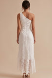 White Sheath Lace Ruffle One Shoulder Midi Little White Dress with Slit