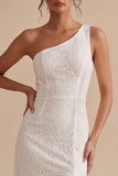 White Sheath Lace Ruffle One Shoulder Midi Little White Dress with Slit