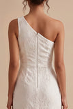 White Sheath Lace Ruffle One Shoulder Midi Little White Dress with Slit
