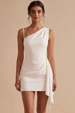 Asymmetrical One Shoulder White Bodycon Ruched Short Little White Dress