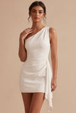 Asymmetrical One Shoulder White Bodycon Ruched Short Little White Dress