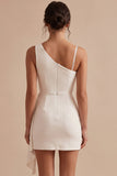 Asymmetrical One Shoulder White Bodycon Ruched Short Little White Dress