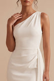 Asymmetrical One Shoulder White Bodycon Ruched Short Little White Dress