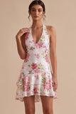 White Halter High-Low Sequins Floral Cocktail Dress