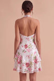 White Halter High-Low Sequins Floral Cocktail Dress