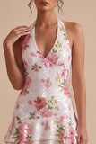 White Halter High-Low Sequins Floral Cocktail Dress