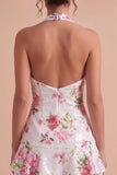 White Halter High-Low Sequins Floral Cocktail Dress