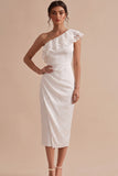One Shoulder White Sheath Ruched Midi Little White Dress with Lace