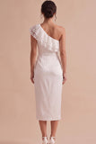 One Shoulder White Sheath Ruched Midi Little White Dress with Lace