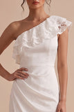 One Shoulder White Sheath Ruched Midi Little White Dress with Lace