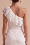 One Shoulder White Sheath Ruched Midi Little White Dress with Lace