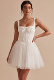 White Corset Square Neck Tulle Short Little White Dress with Bow